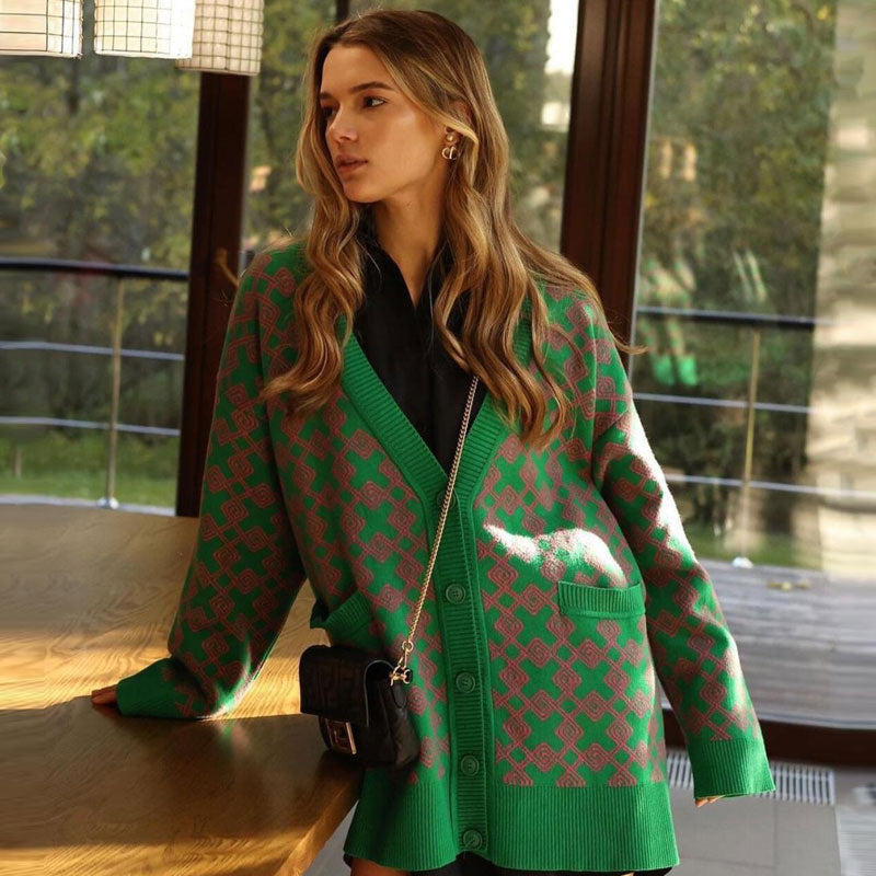 Pink Green Diamond Pattern V-Neck Button Up Long Sleeve Knit Cardigan