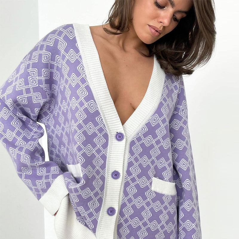 Purple Geometric Pattern V-Neck Button Up Long Sleeve Knit Cardigan