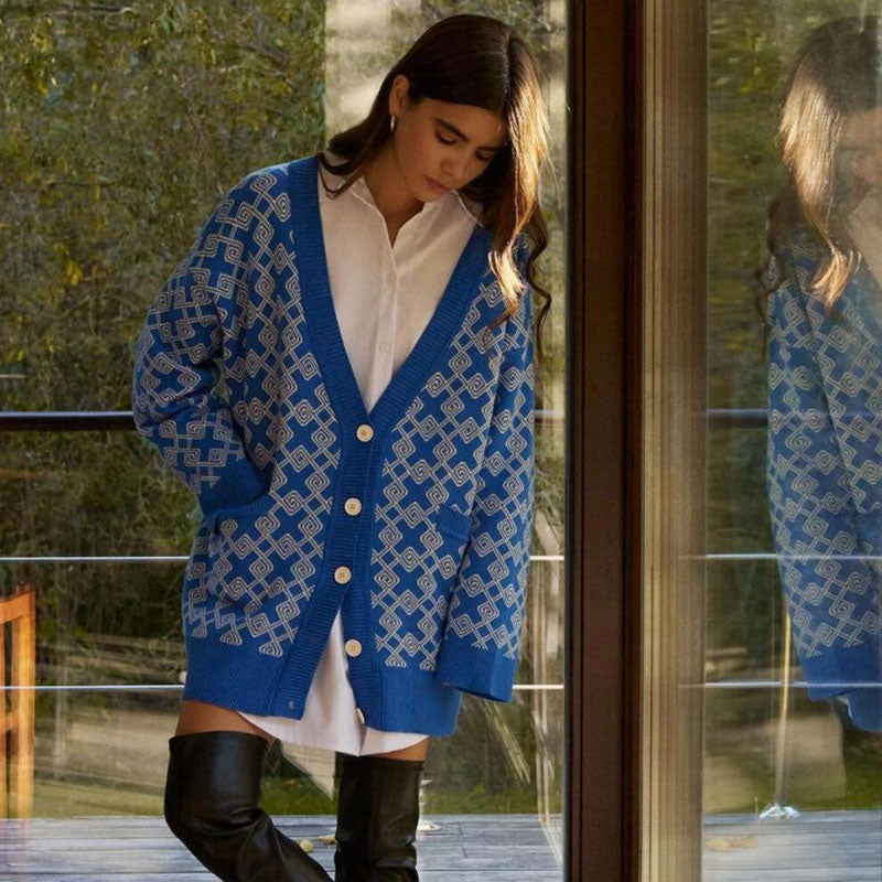 Blue V-Neck Geometric Pattern Button Front Long Sleeve Knit Cardigan