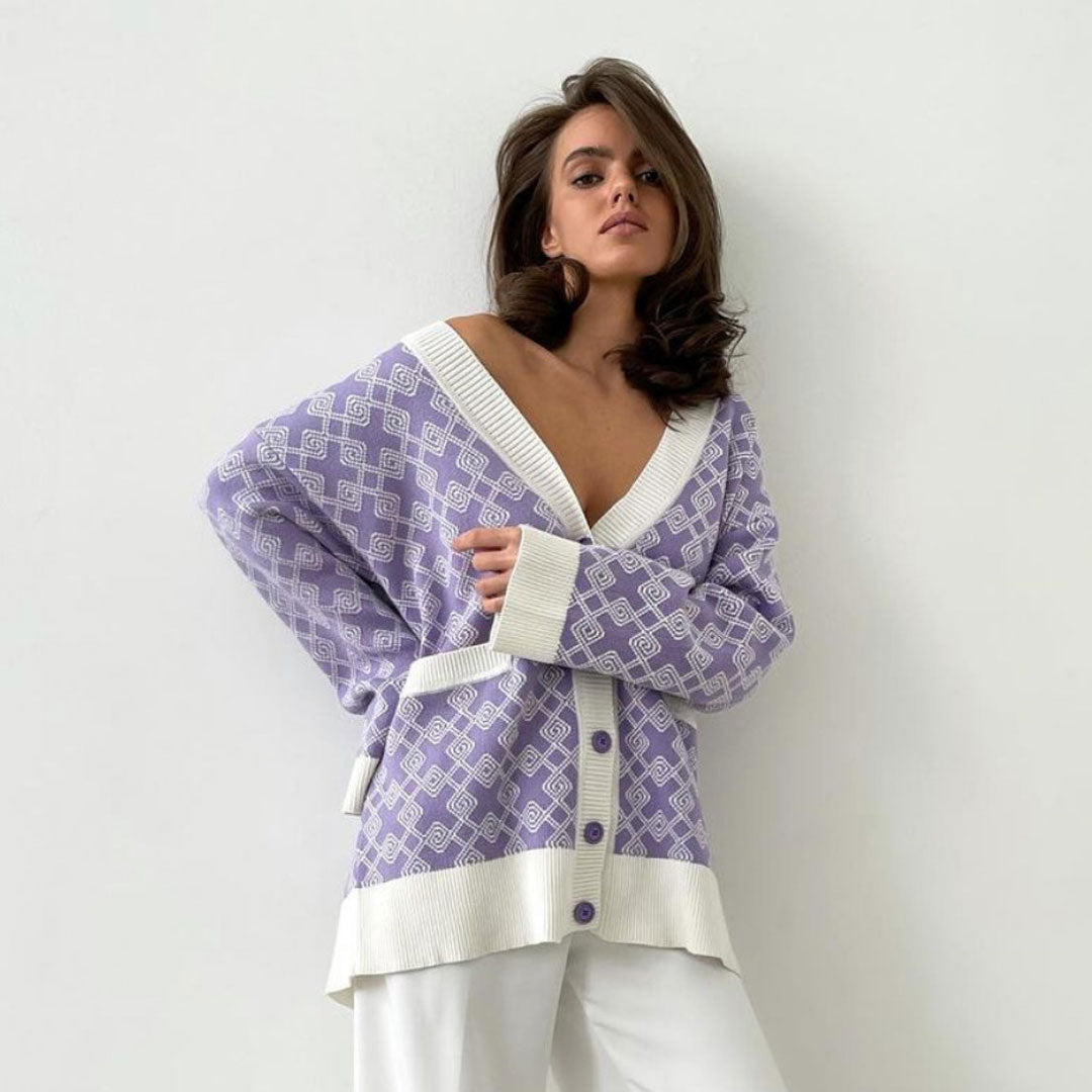 Purple Geometric Pattern V-Neck Button Up Long Sleeve Knit Cardigan