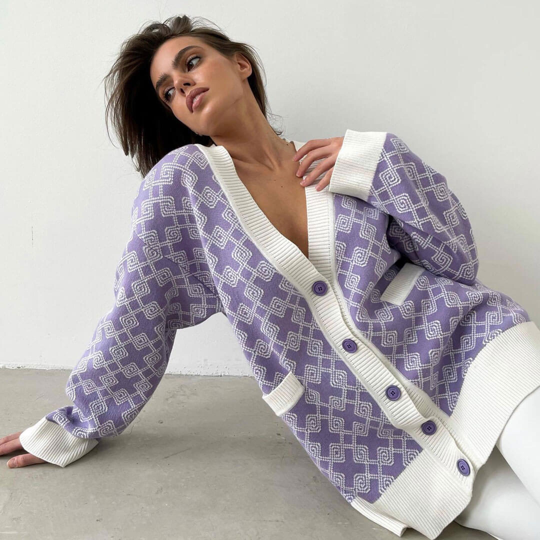 Purple Geometric Pattern V-Neck Button Up Long Sleeve Knit Cardigan