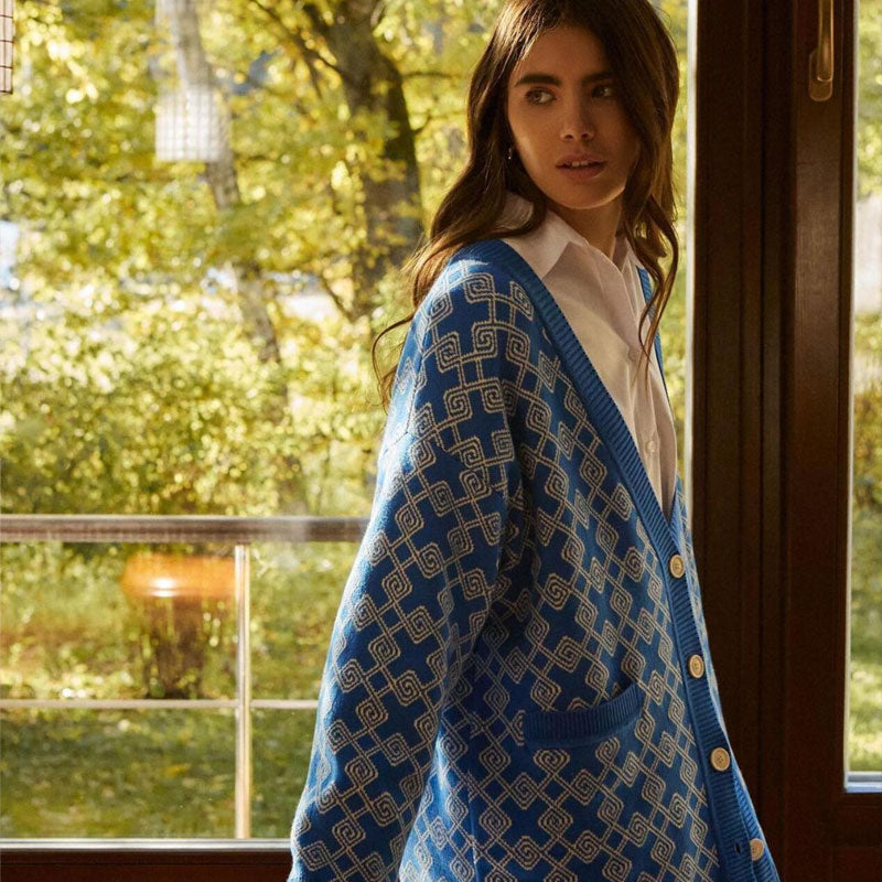 Blue V-Neck Geometric Pattern Button Front Long Sleeve Knit Cardigan