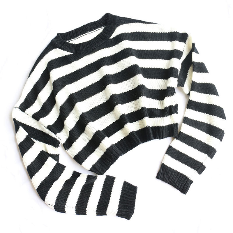 Stripe Striped Drop Shoulder Long Sleeve Cropped Knit Sweater