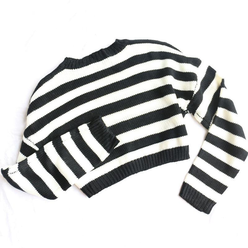 Stripe Striped Drop Shoulder Long Sleeve Cropped Knit Sweater