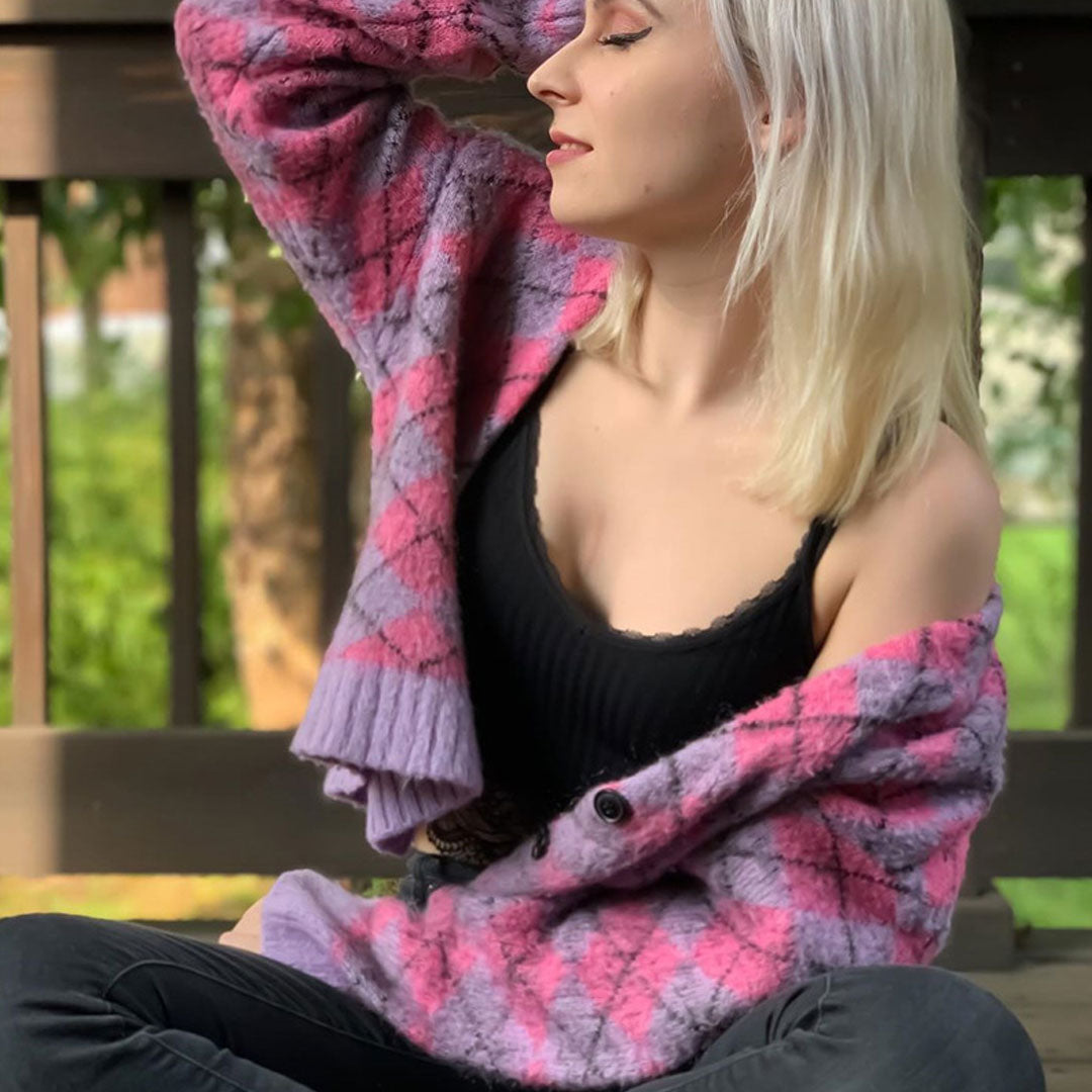 Purple Argyle Pattern Button Up Long Sleeve Knit Cardigan