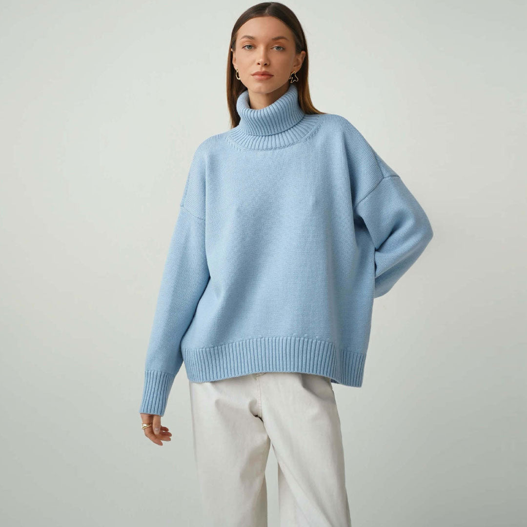 Baby Blue Turtleneck Long Sleeve Drop Shoulder Chunky Knit Sweater