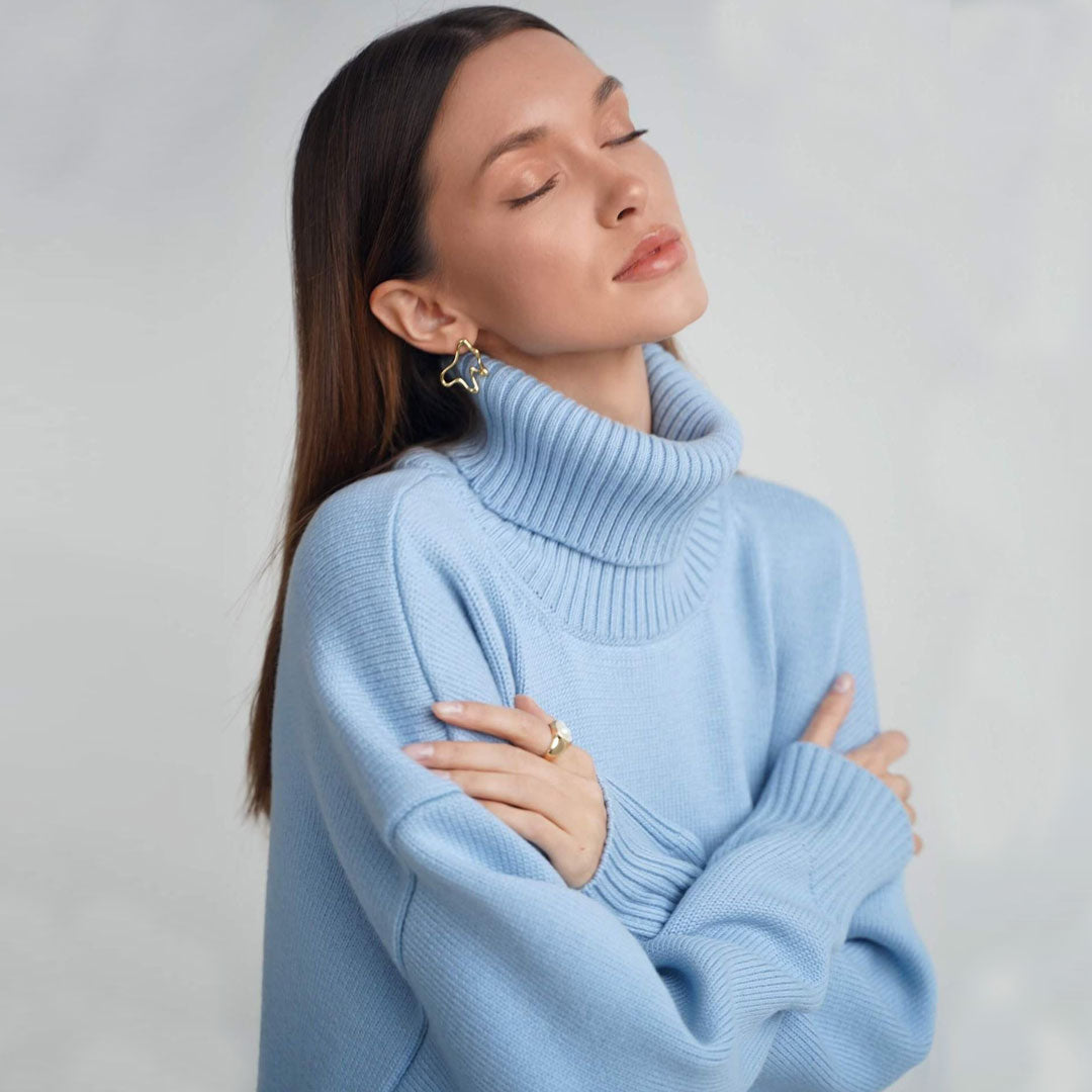 Baby Blue Turtleneck Long Sleeve Drop Shoulder Chunky Knit Sweater