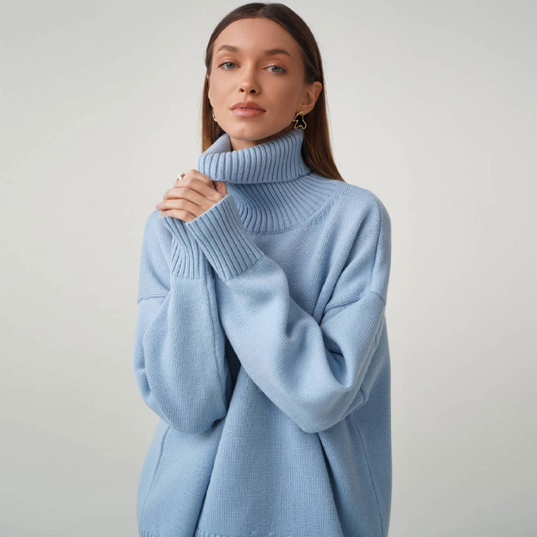 Baby Blue Turtleneck Long Sleeve Drop Shoulder Chunky Knit Sweater