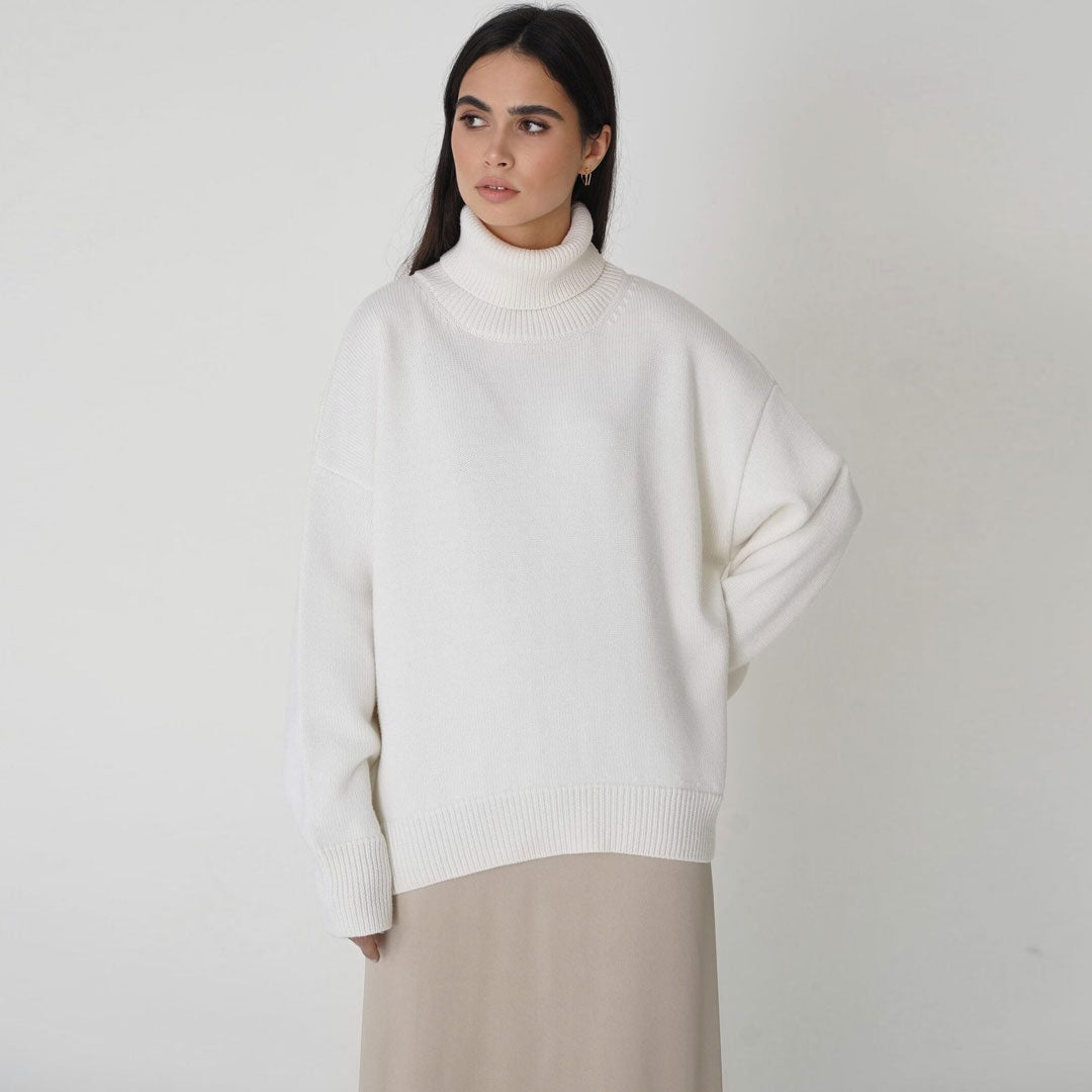 White Turtleneck Drop Shoulder Long Sleeve Oversized Knit Sweater