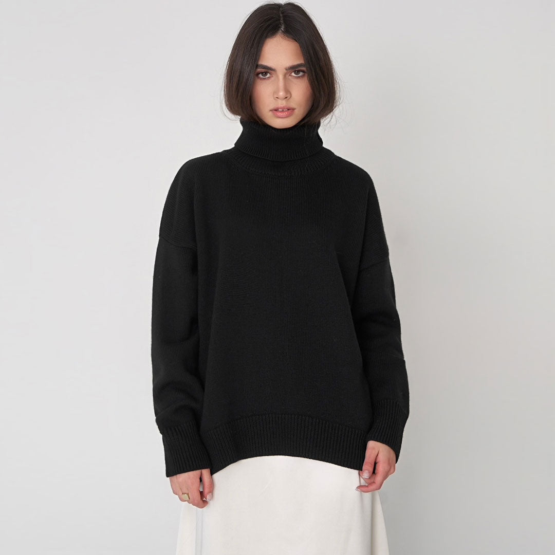 Black Turtleneck Long Sleeve Oversized Rib Knit Drop Shoulder Sweater