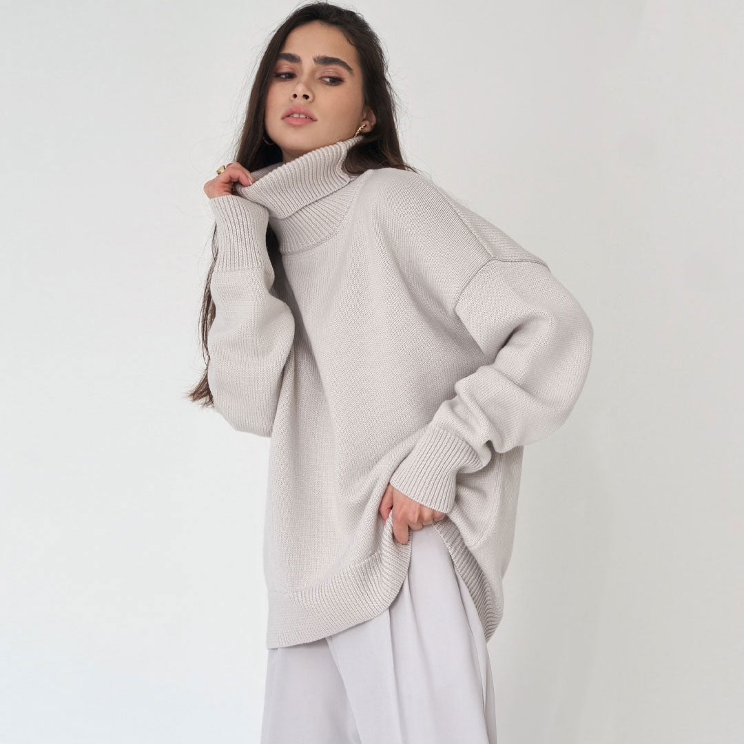 Gray Turtleneck Long Sleeve Oversized Rib Knit High-Low Sweater