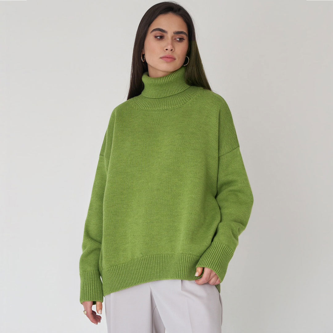 Olive Turtleneck Drop Shoulder Long Sleeve Oversized Knit Sweater