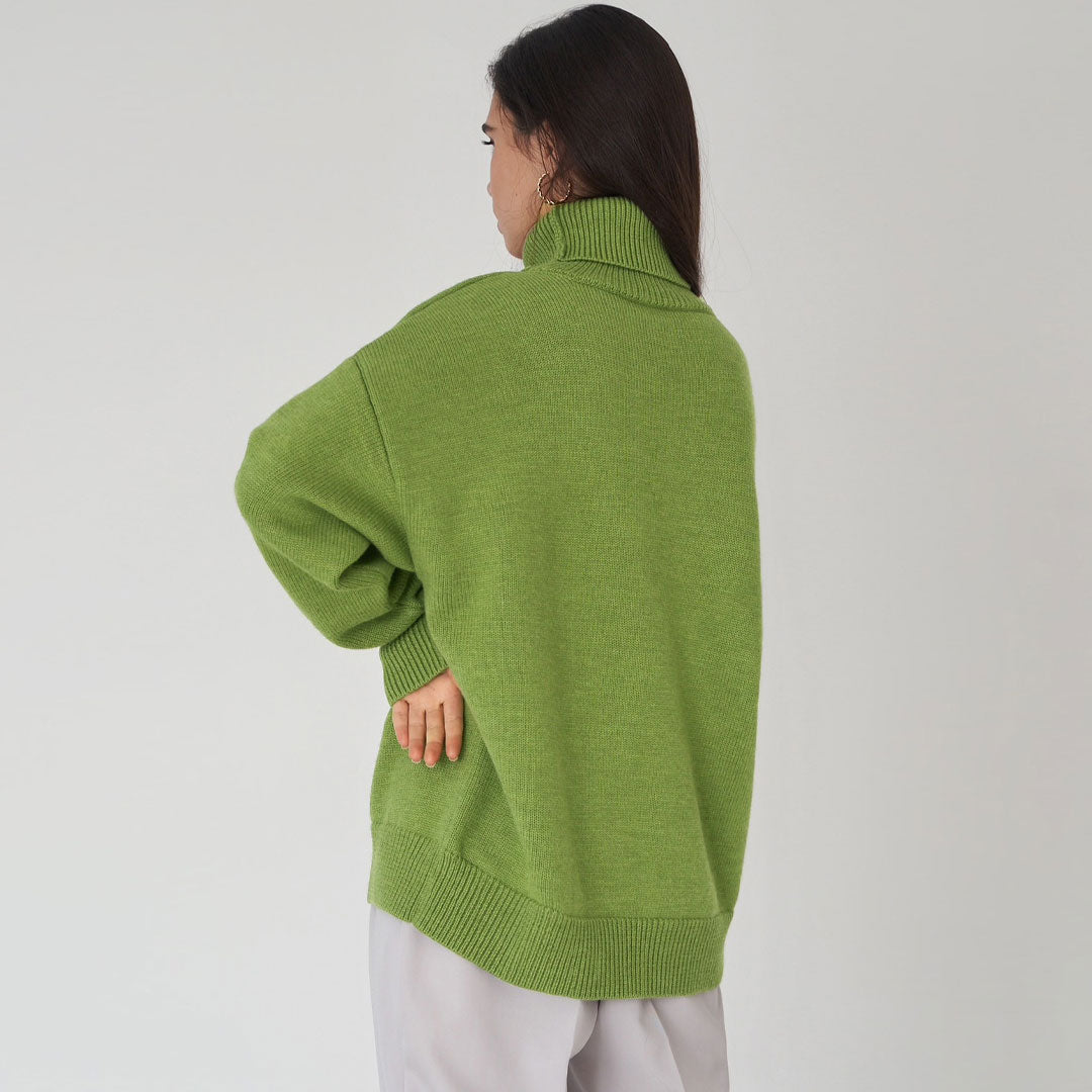 Olive Turtleneck Drop Shoulder Long Sleeve Oversized Knit Sweater