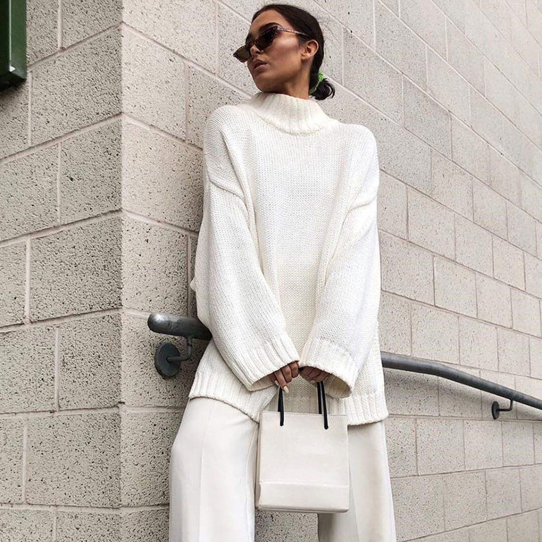 White Mock Neck Drop Shoulder Long Sleeve Oversized Knit Sweater