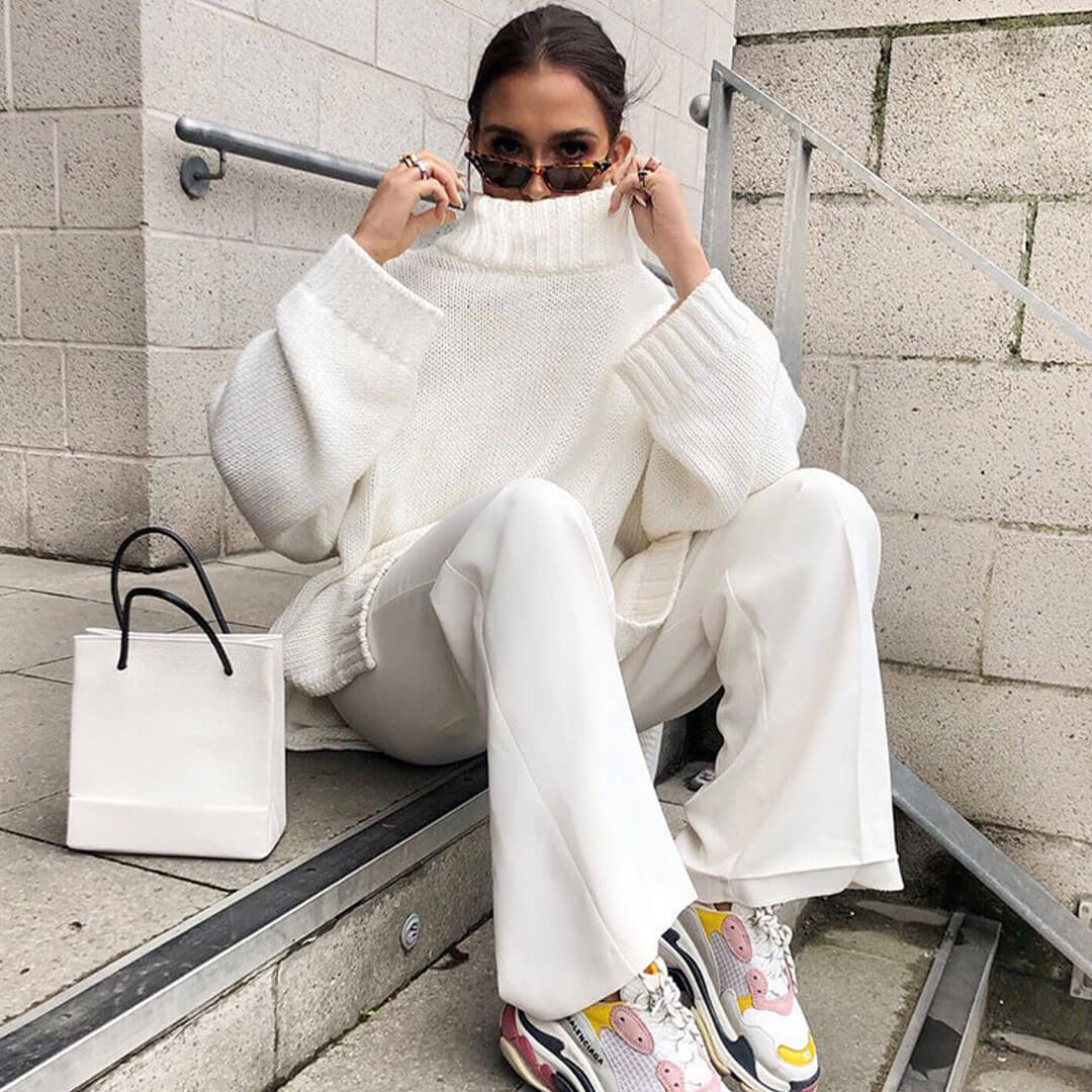 White Mock Neck Drop Shoulder Long Sleeve Oversized Knit Sweater