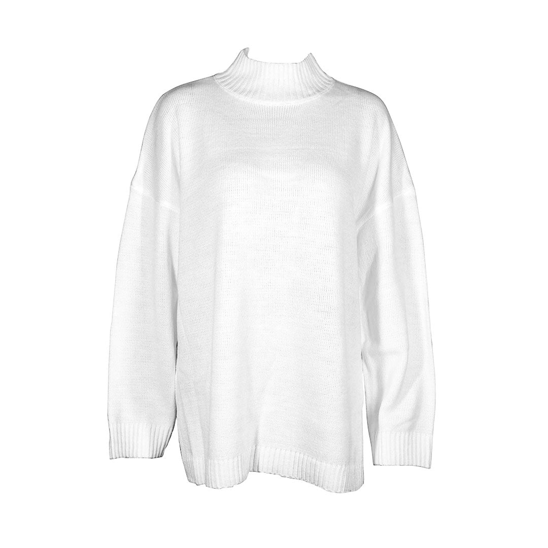 White Mock Neck Drop Shoulder Long Sleeve Oversized Knit Sweater