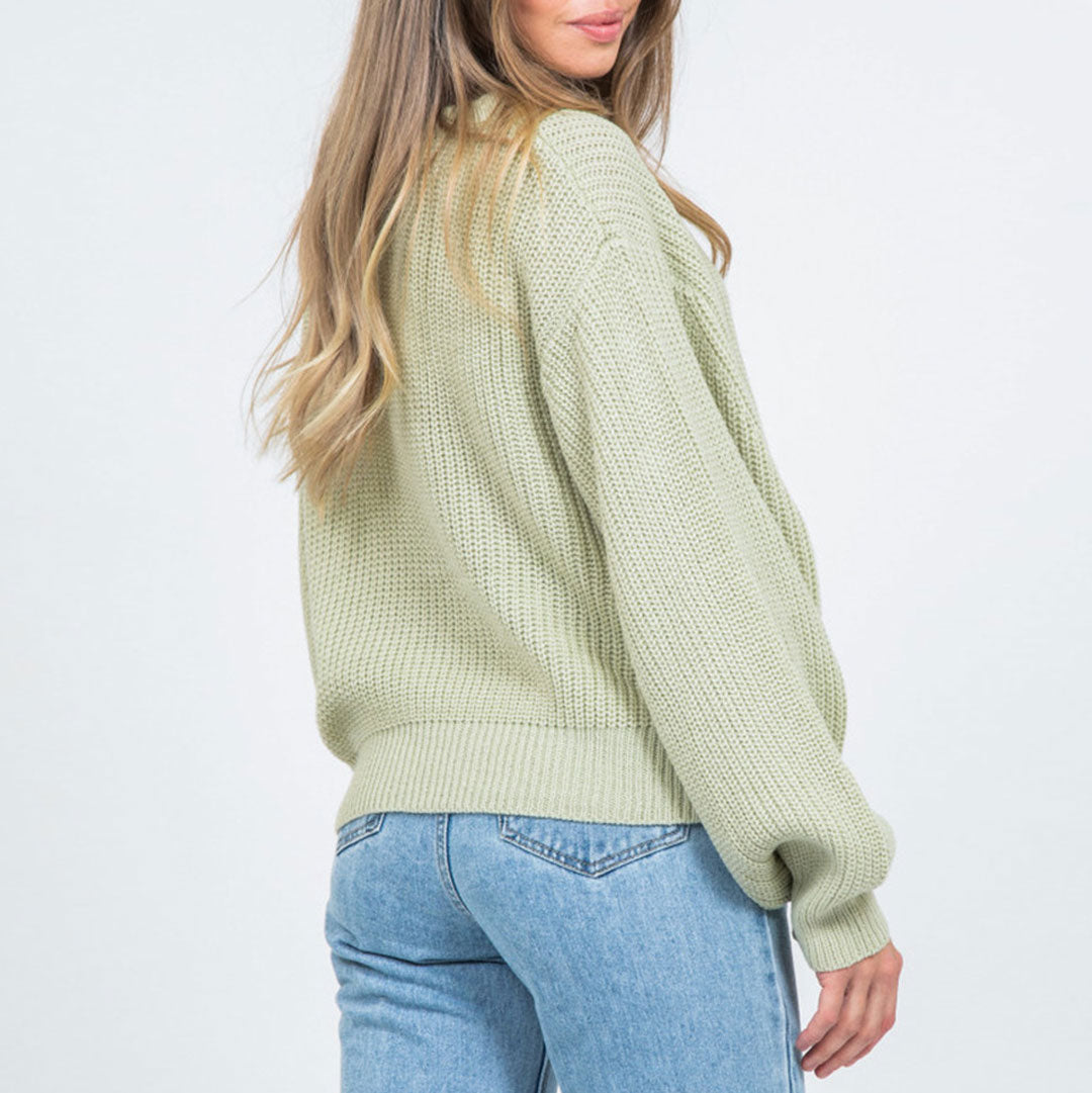 Sage Green Ribbed Knit Round Neck Bishop Sleeve Pullover Sweater