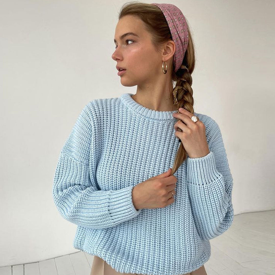 Light Blue Oversized Ribbed Knit Crewneck Drop Shoulder Pullover Sweater