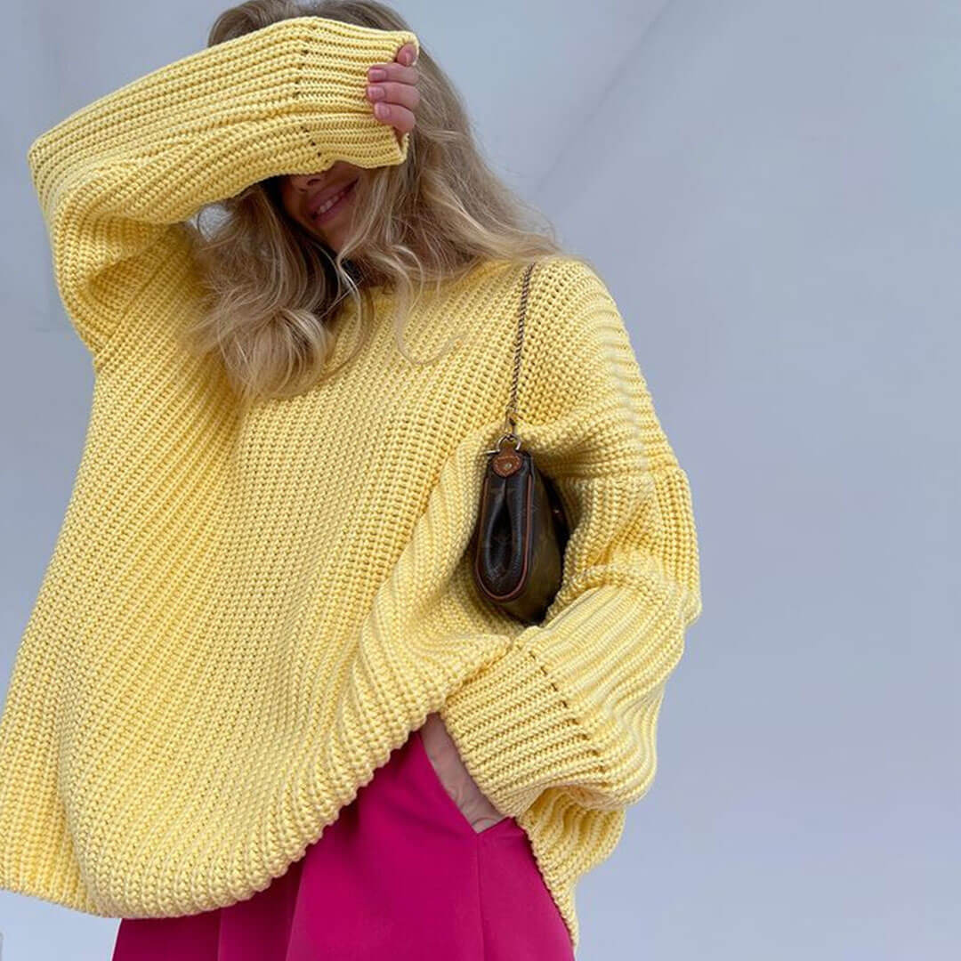 Yellow Oversized Ribbed Knit Crewneck Drop Shoulder Pullover Sweater
