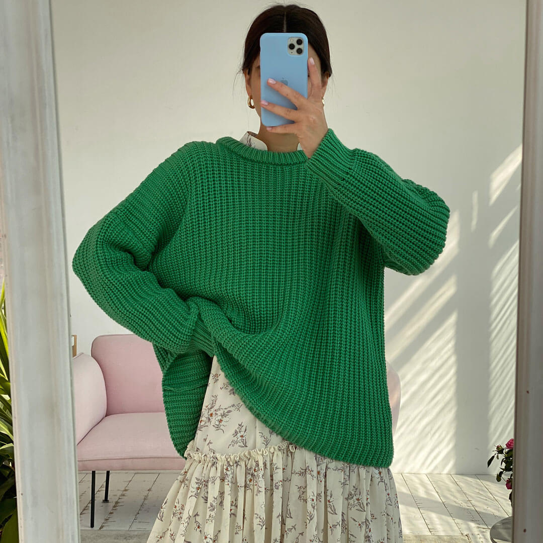 Green Oversized Ribbed Knit Crewneck Drop Shoulder Pullover Sweater