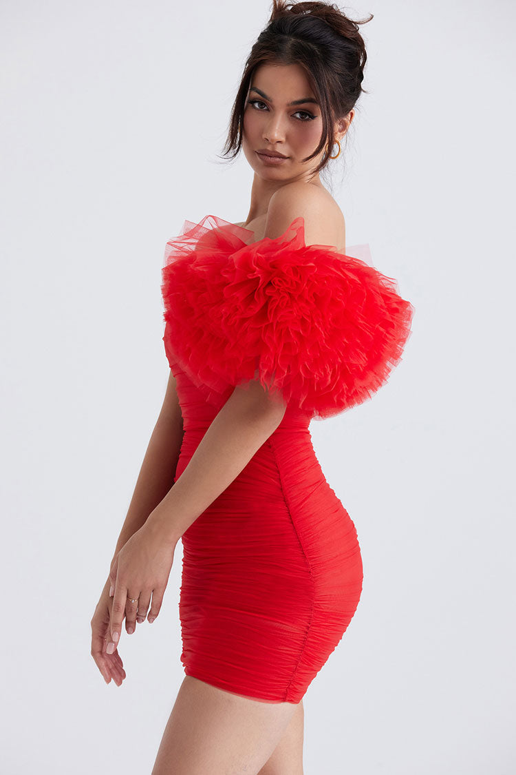 Red Strapless Ruffle Shoulder Ruched Mesh Bodycon Mini Dress