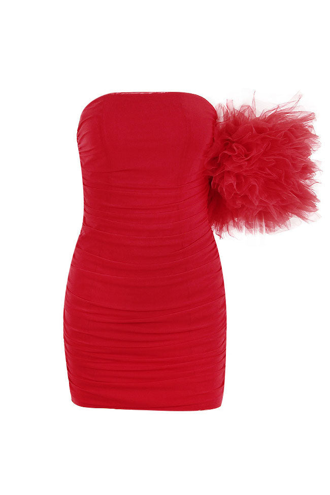 Red Strapless Ruffle Shoulder Ruched Mesh Bodycon Mini Dress
