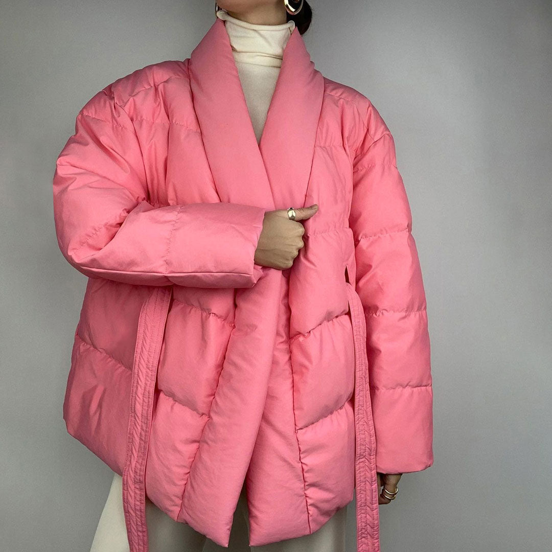 Coral Pink Shawl Collar Belted Oversized Puffer Jacket