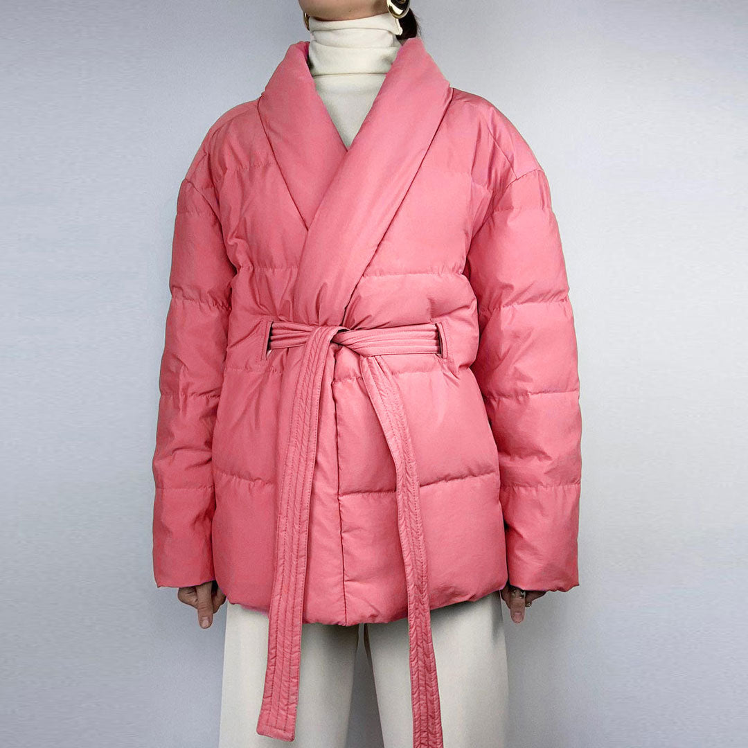 Coral Pink Shawl Collar Belted Oversized Puffer Jacket