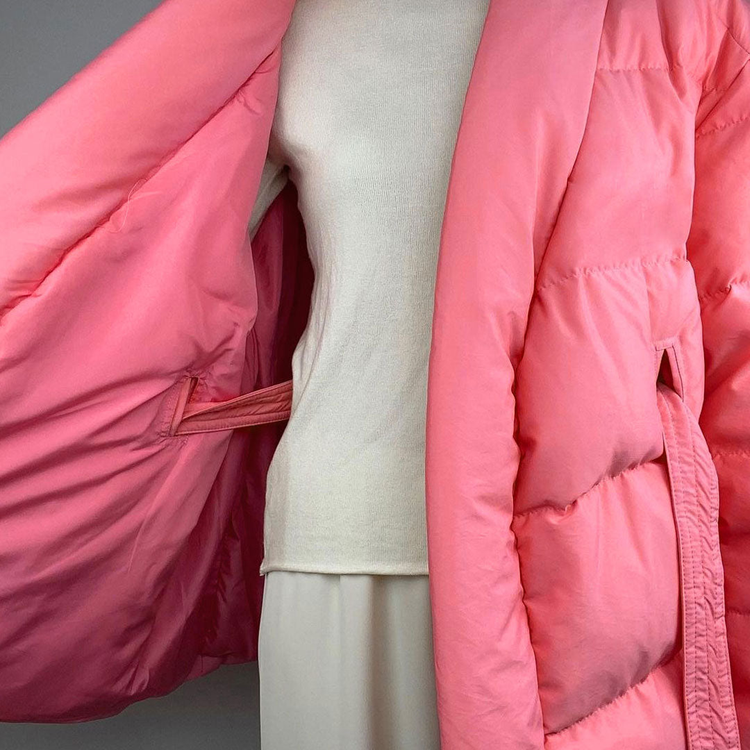 Coral Pink Shawl Collar Belted Oversized Puffer Jacket