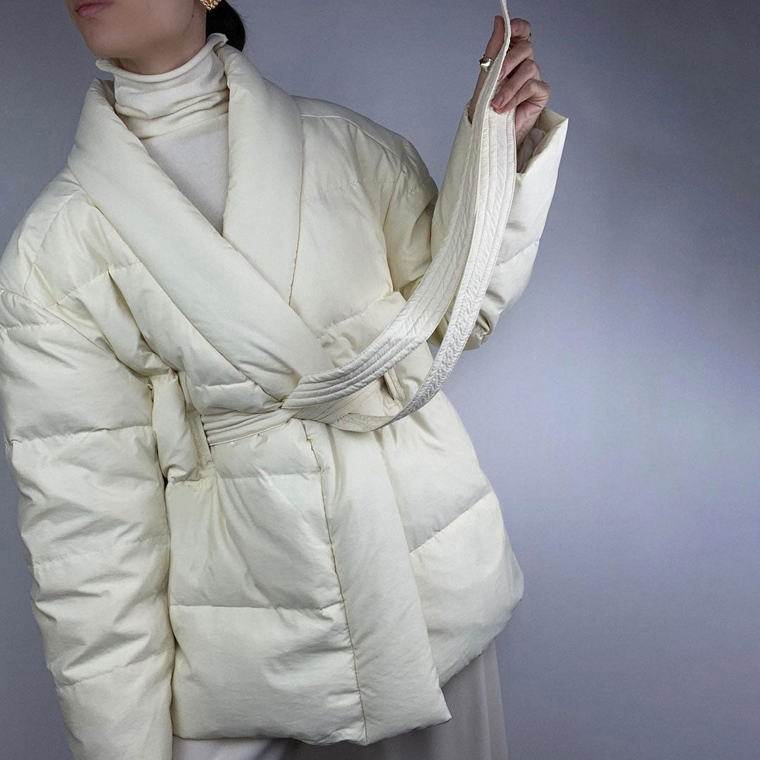 White Shawl Collar Belted Oversized Puffer Jacket