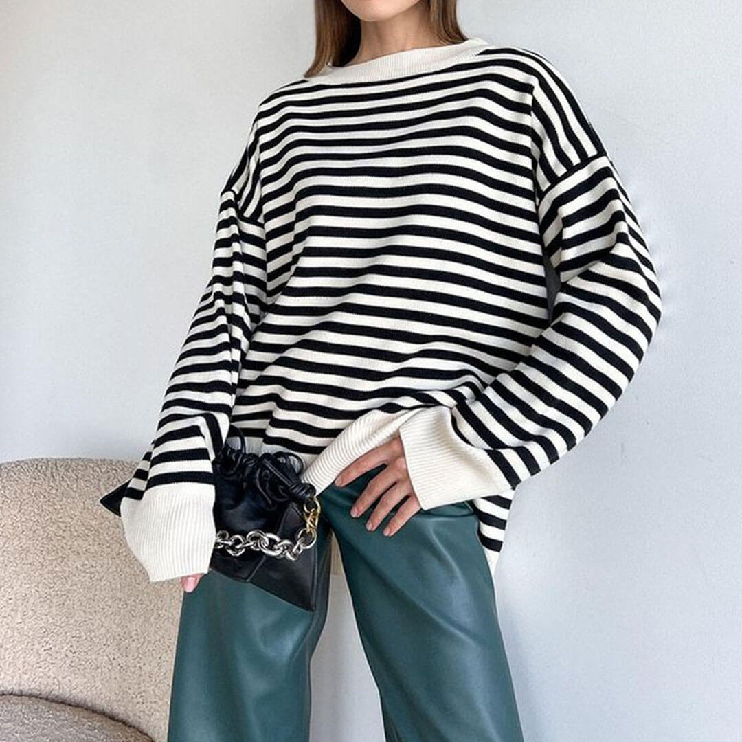 Stripe Striped Crew Neck Drop Shoulder Long Sleeve Oversized Sweater
