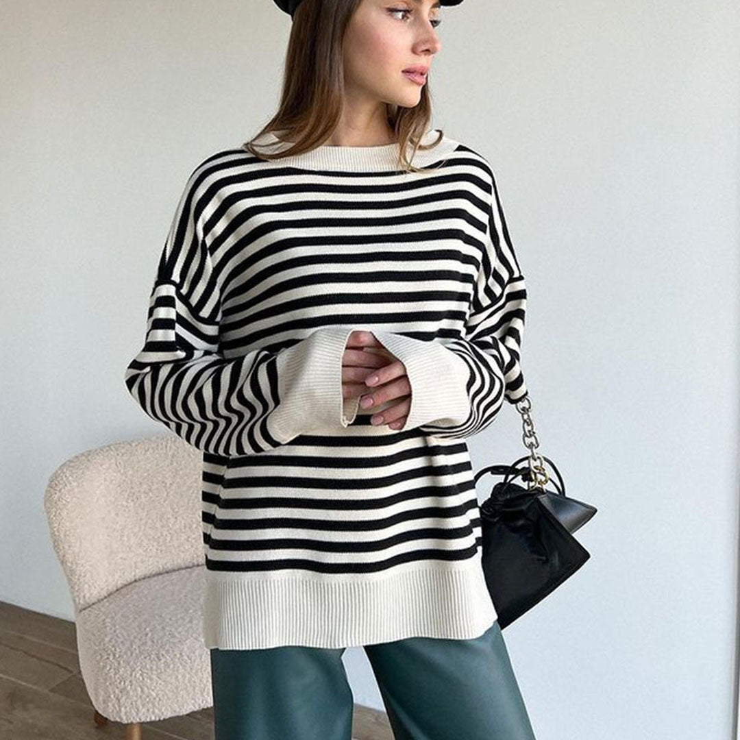 Stripe Striped Crew Neck Drop Shoulder Long Sleeve Oversized Sweater