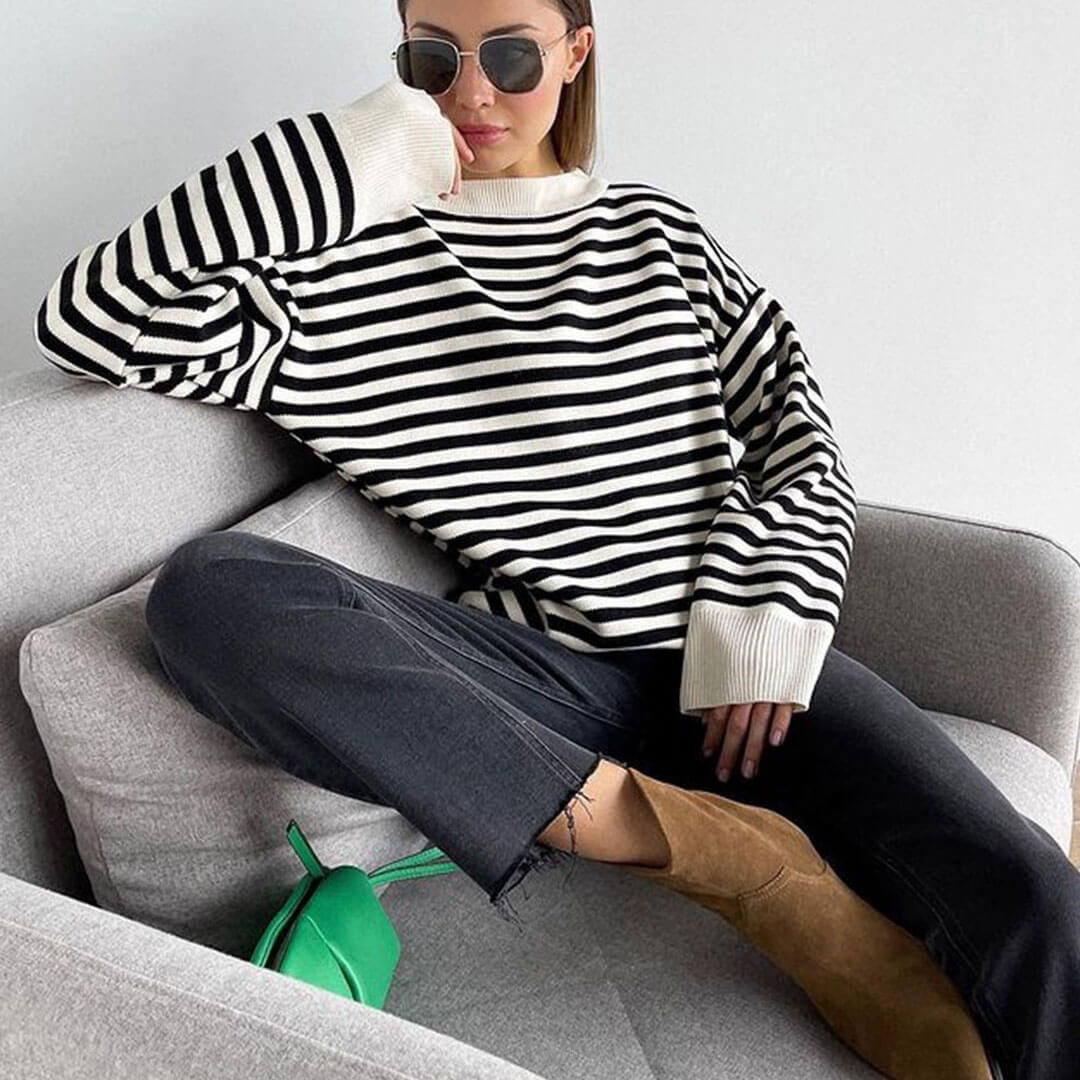 Stripe Striped Crew Neck Drop Shoulder Long Sleeve Oversized Sweater