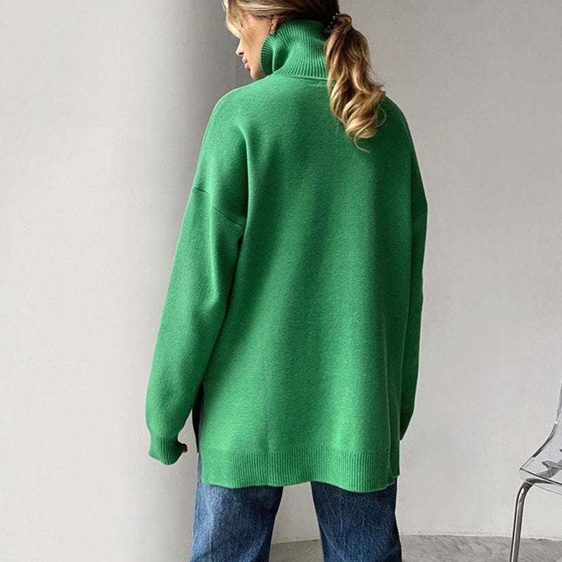 Green Turtleneck Long Sleeve Side Slit Oversized Pullover Sweater
