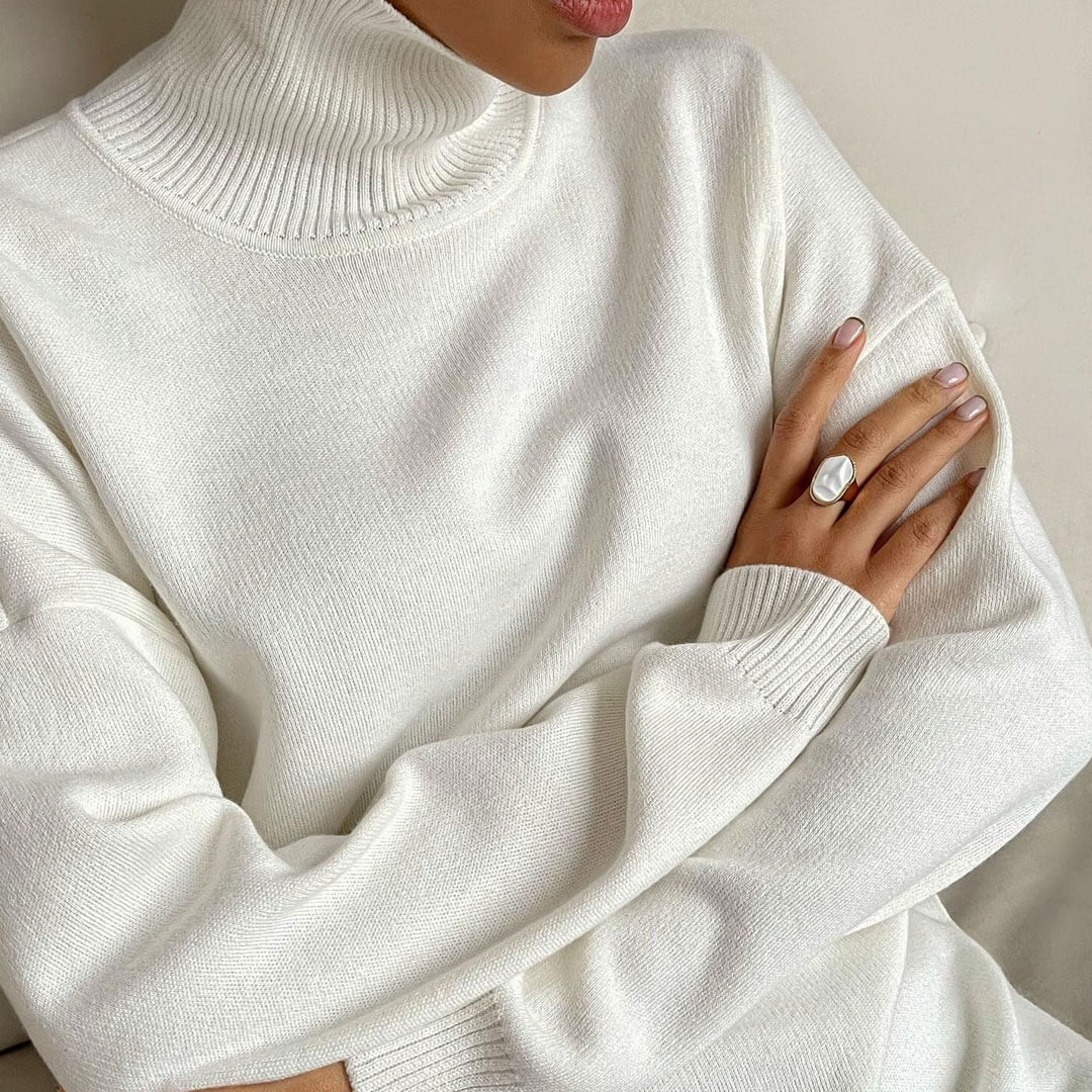 White Turtleneck Long Sleeve Side Slit Oversized Pullover Sweater