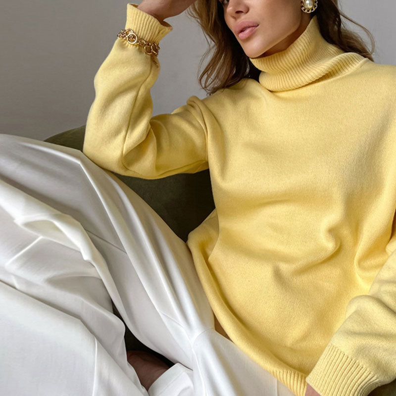 Yellow Turtleneck Long Sleeve Side Slit Oversized Pullover Sweater 3