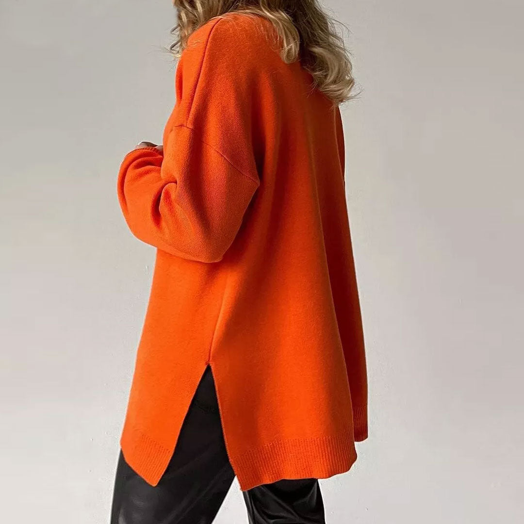 Burnt Orange Turtleneck Long Sleeve Side Slit Oversized Pullover Sweater