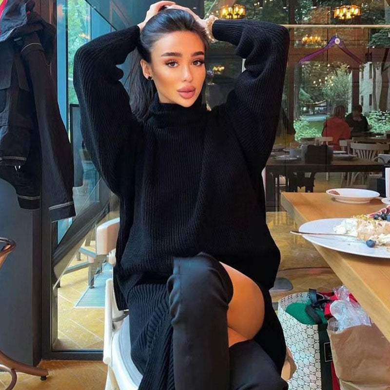 Black Turtleneck Oversized Sweater High Split Midi Skirt Set