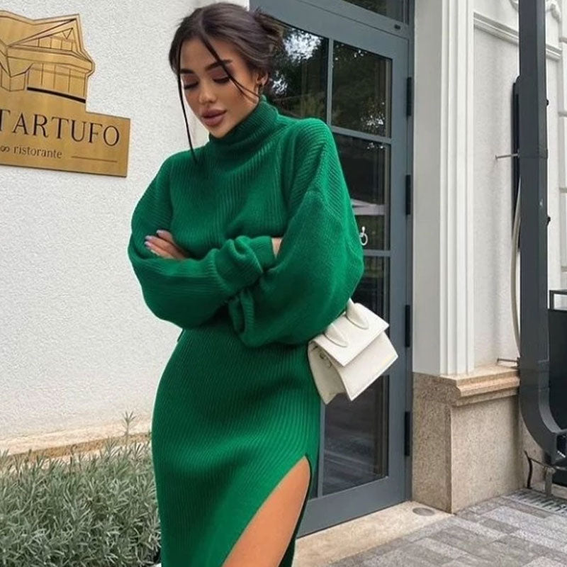 Emerald Green Turtleneck Oversized Sweater High Split Midi Skirt Set