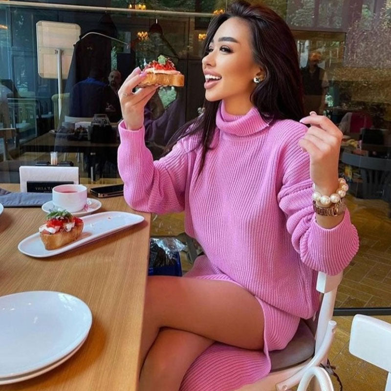 Pink Turtleneck Oversized Sweater High Split Midi Skirt Set
