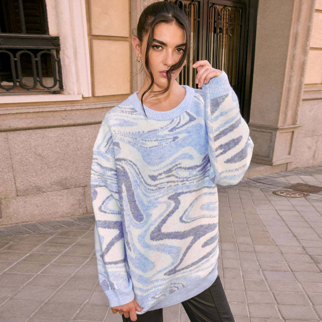 Blue Crew Neck Wave Swirl Print Oversized Long Sleeve Pullover Sweater