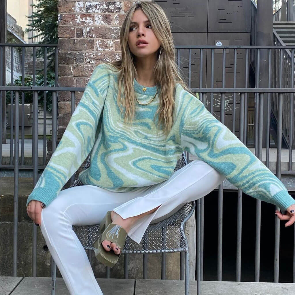 Green Crew Neck Swirl Print Long Sleeve Oversized Pullover Sweater