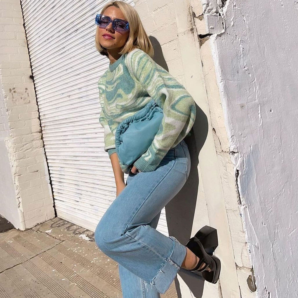 Green Crew Neck Swirl Print Long Sleeve Oversized Pullover Sweater
