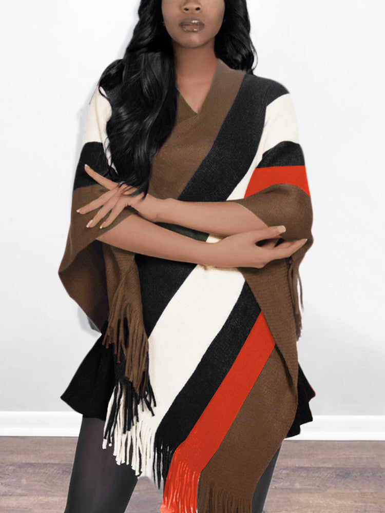Striped Knit Tassel Trim Asymmetric Hem Poncho