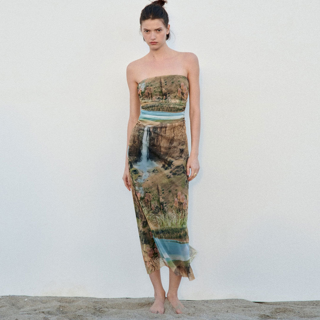 Green Strapless Landscape Print Ruched Mesh Side Slit Midi Dress