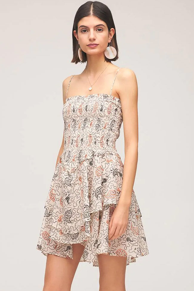 Beige Spaghetti Strap Paisley Floral Smocked Tiered Ruffle Mini Dress