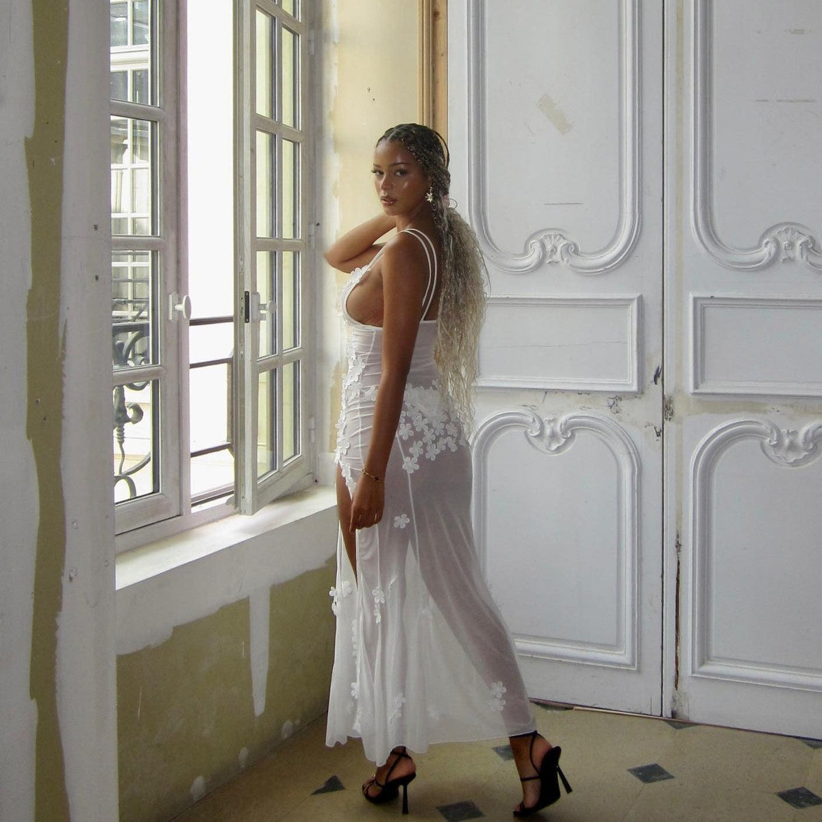 White Strappy Sheer Mesh Floral Applique Bodycon Maxi Dress