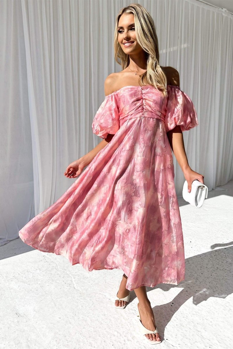 Emilia Chic Off the Shoulder Midi Dress with Puff Sleeves Premium Wardrobe Essential