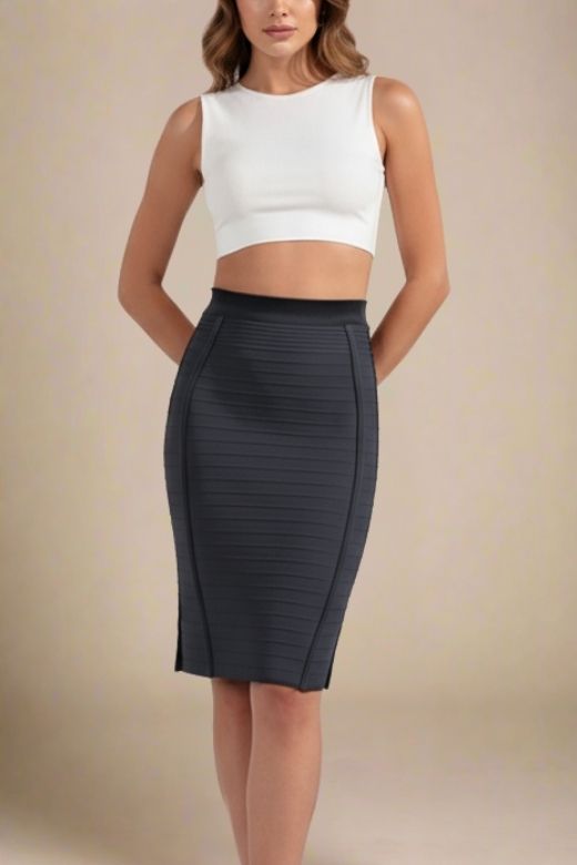 Pencil Bandage Knitted Knee Length Skirt - Classic Black