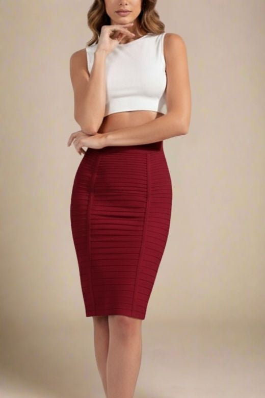 Pencil Bandage Knitted Knee Length Skirt - Red Wine
